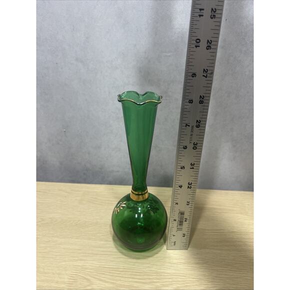 Bohemian Czech Glass Bud Vase Green Gold Trim Hand Painted Raised flowers 8" - Picture 7 of 8